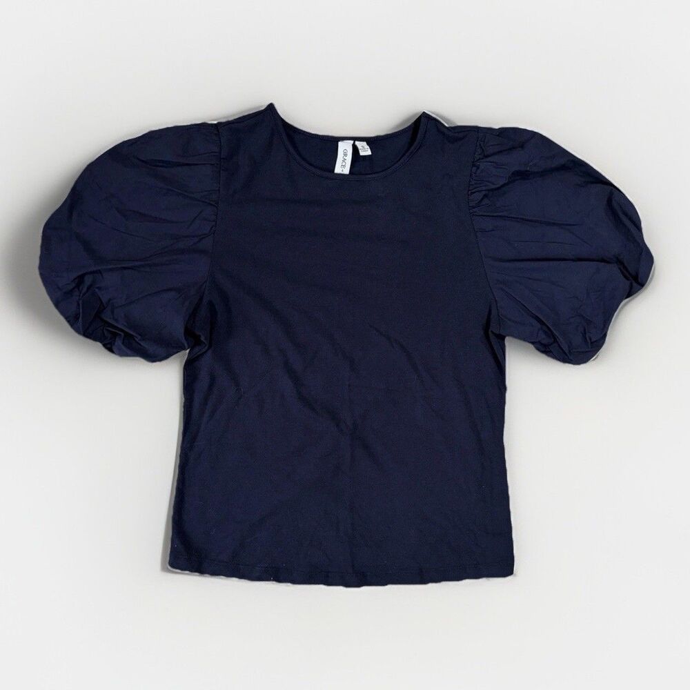 Grace + Karma Puff Sleeve Shirt Womens Small Whimsigoth Puffy Short Sleeve Navy